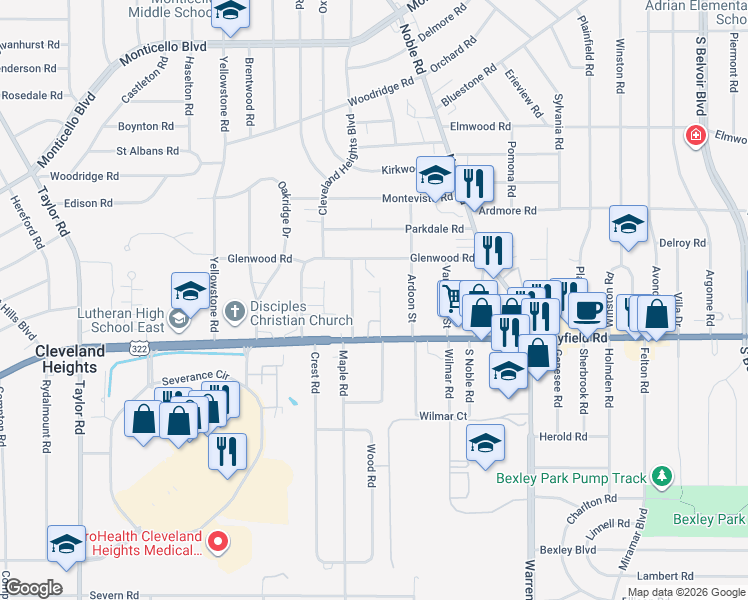 map of restaurants, bars, coffee shops, grocery stores, and more near 1390 Edendale Street in Cleveland Heights