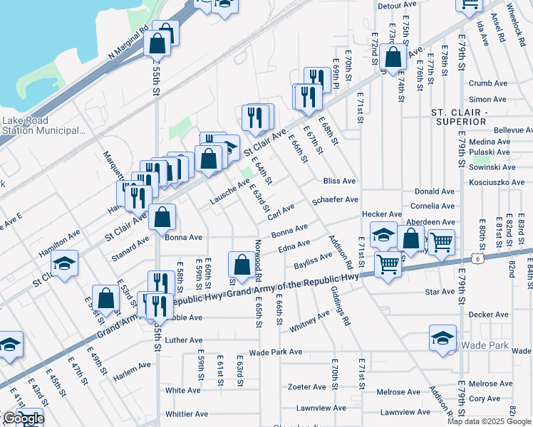 map of restaurants, bars, coffee shops, grocery stores, and more near 6224 Carl Avenue in Cleveland