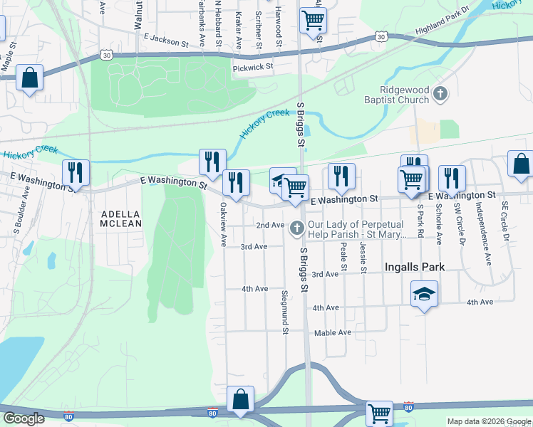 map of restaurants, bars, coffee shops, grocery stores, and more near 1500 East Washington Street in Joliet