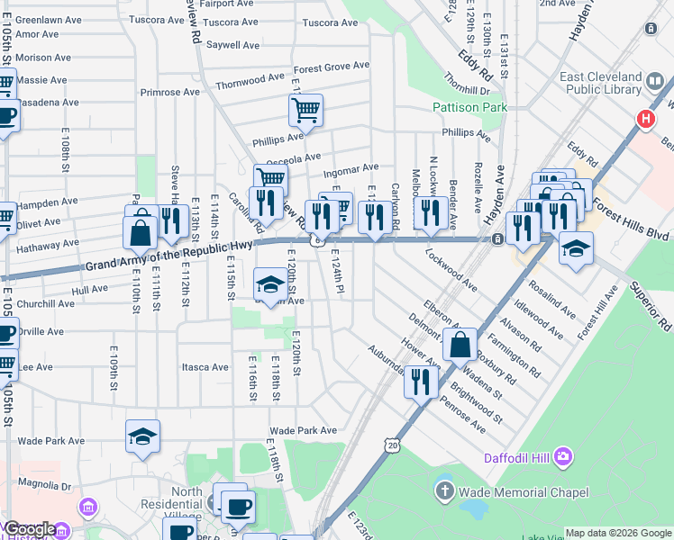 map of restaurants, bars, coffee shops, grocery stores, and more near East 124th Place in Cleveland