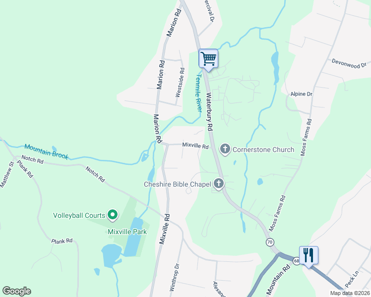 map of restaurants, bars, coffee shops, grocery stores, and more near 626 Mixville Road in Cheshire