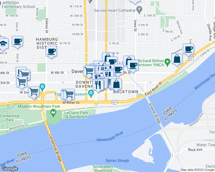 map of restaurants, bars, coffee shops, grocery stores, and more near 217 Brady Street in Davenport