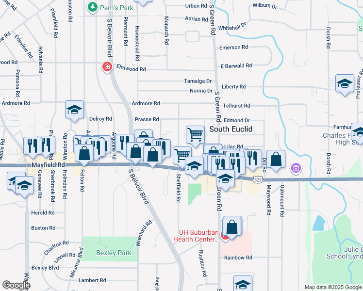 map of restaurants, bars, coffee shops, grocery stores, and more near 1408 Sheffield Road in South Euclid