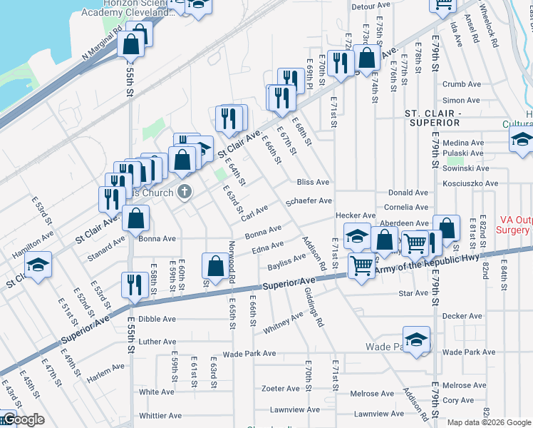 map of restaurants, bars, coffee shops, grocery stores, and more near 6719 Bonna Avenue in Cleveland