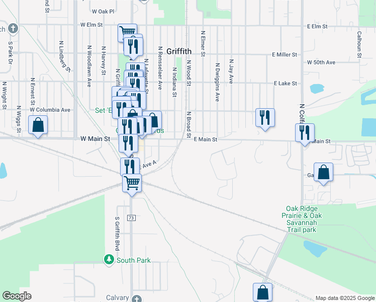 map of restaurants, bars, coffee shops, grocery stores, and more near 501 East Main Street in Griffith