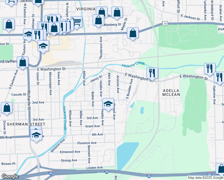 map of restaurants, bars, coffee shops, grocery stores, and more near 139 Arizona Avenue in Joliet