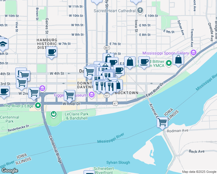 map of restaurants, bars, coffee shops, grocery stores, and more near in Davenport