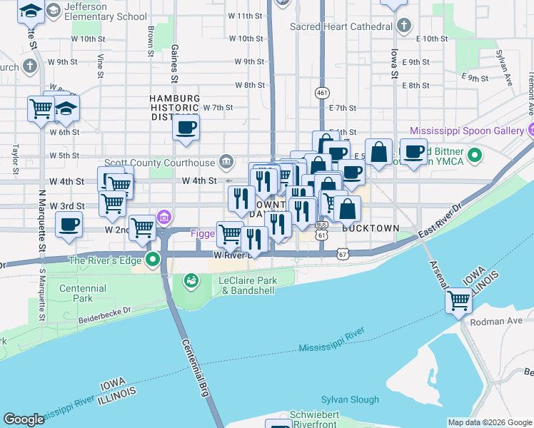 map of restaurants, bars, coffee shops, grocery stores, and more near 202 North Harrison Street in Davenport