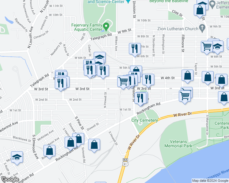 map of restaurants, bars, coffee shops, grocery stores, and more near 1833 West 2nd Street in Davenport