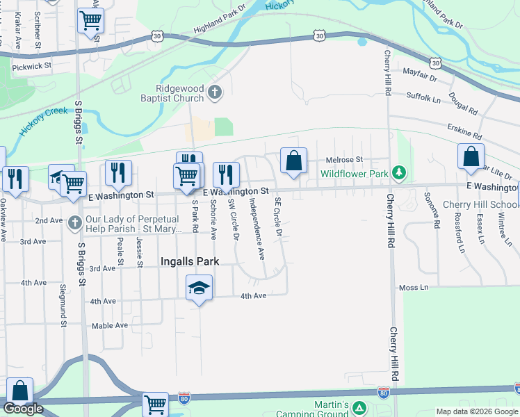 map of restaurants, bars, coffee shops, grocery stores, and more near 126 Independence Avenue in Joliet