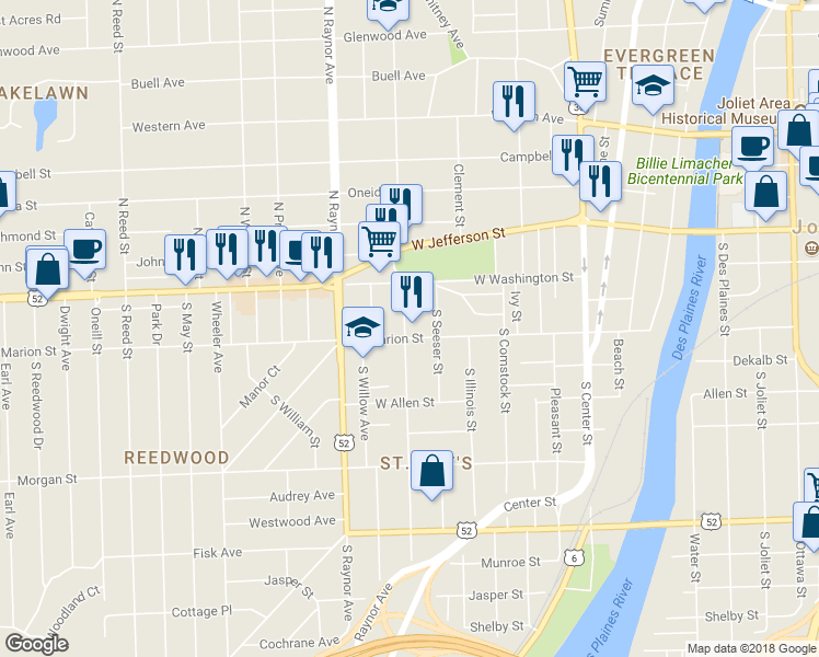 map of restaurants, bars, coffee shops, grocery stores, and more near 22 South Hunter Avenue in Joliet