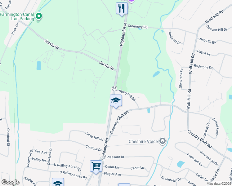 map of restaurants, bars, coffee shops, grocery stores, and more near 884 Highland Avenue in Cheshire