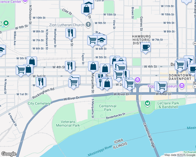map of restaurants, bars, coffee shops, grocery stores, and more near 1119 West 3rd Street in Davenport