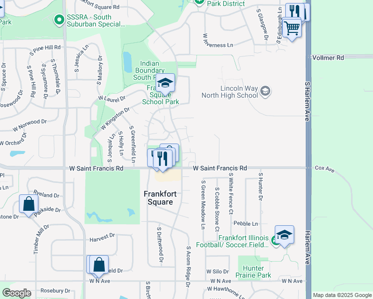 map of restaurants, bars, coffee shops, grocery stores, and more near 20224 South Frankfort Square Road in Frankfort