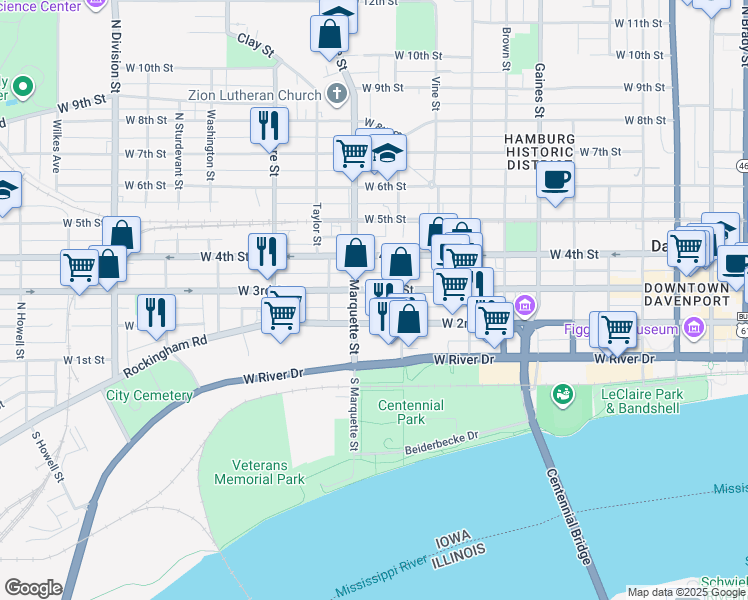 map of restaurants, bars, coffee shops, grocery stores, and more near 1119 West 3rd Street in Davenport