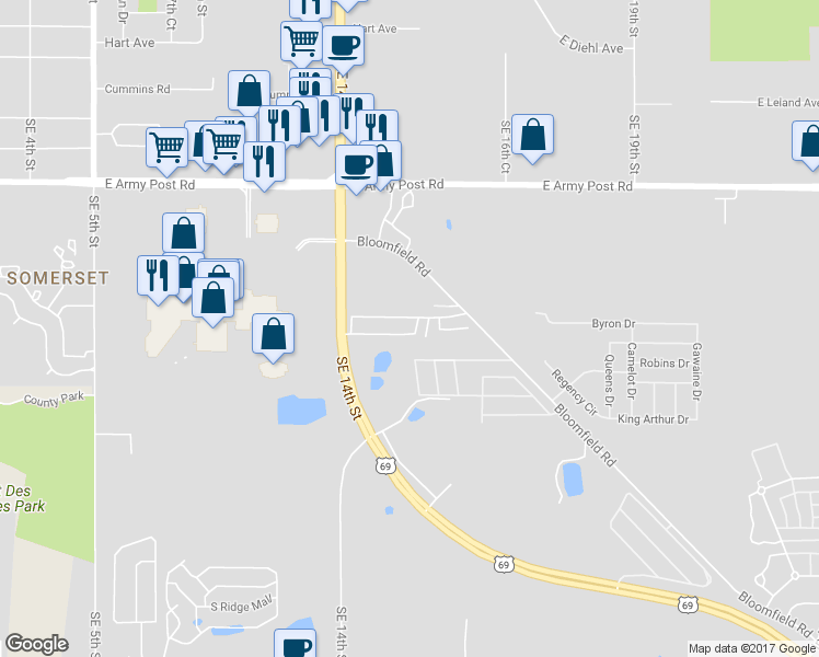map of restaurants, bars, coffee shops, grocery stores, and more near 6901 Southeast 14th Street in Des Moines