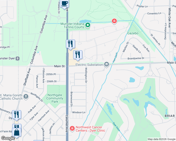 map of restaurants, bars, coffee shops, grocery stores, and more near 535 Wellington Drive in Dyer