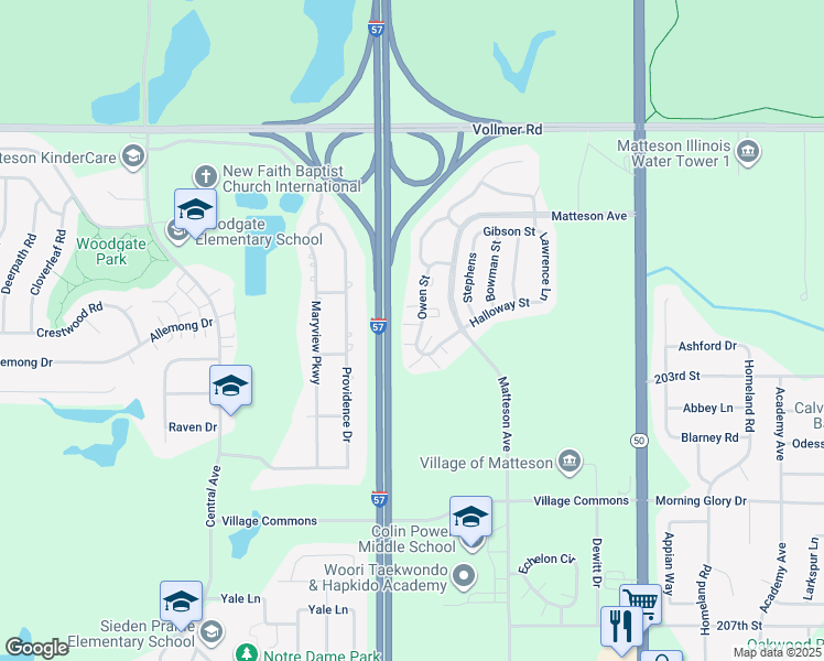 map of restaurants, bars, coffee shops, grocery stores, and more near 222 Owen Street in Matteson