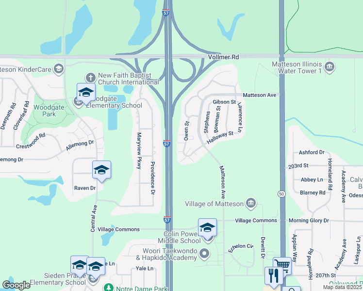map of restaurants, bars, coffee shops, grocery stores, and more near 222 Owen Street in Matteson