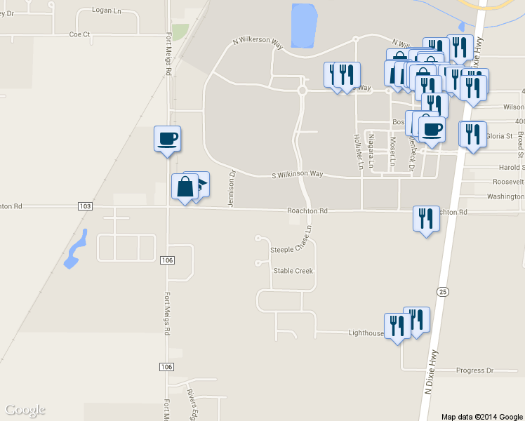 map of restaurants, bars, coffee shops, grocery stores, and more near 13247 Roachton Road in Perrysburg