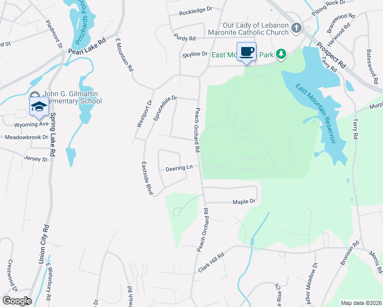 map of restaurants, bars, coffee shops, grocery stores, and more near 414 Peach Orchard Road in Waterbury