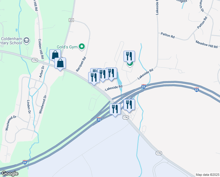 map of restaurants, bars, coffee shops, grocery stores, and more near 2 Lakeside Road in Newburgh