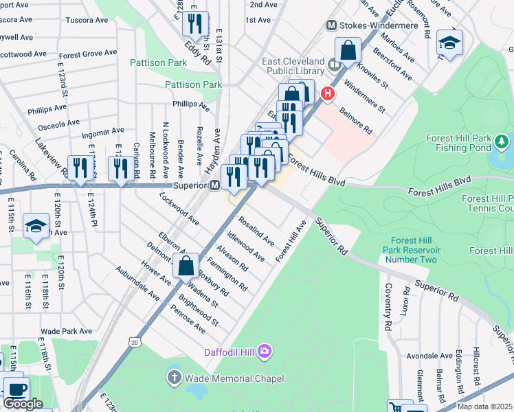 map of restaurants, bars, coffee shops, grocery stores, and more near 1832 Garfield Road in East Cleveland