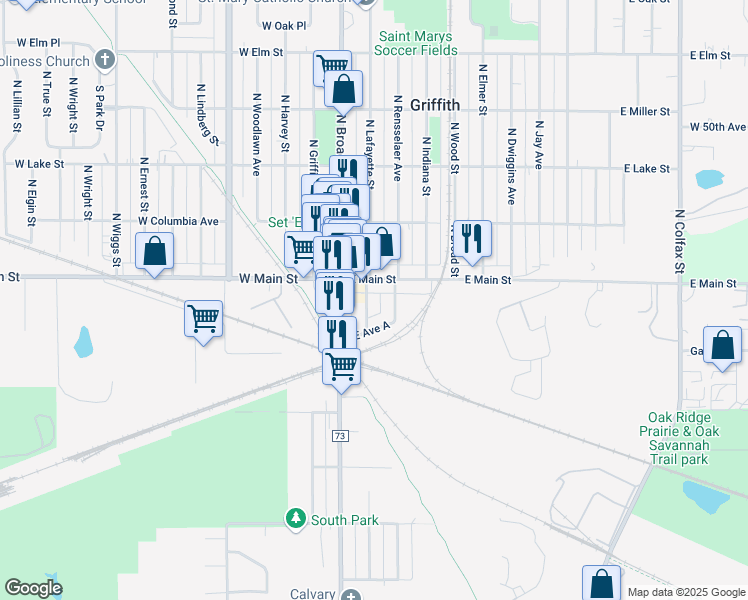map of restaurants, bars, coffee shops, grocery stores, and more near 204 East Avenue A in Griffith
