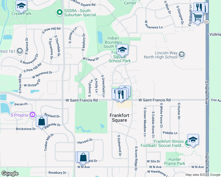 map of restaurants, bars, coffee shops, grocery stores, and more near 20260 South Graceland Lane in Frankfort