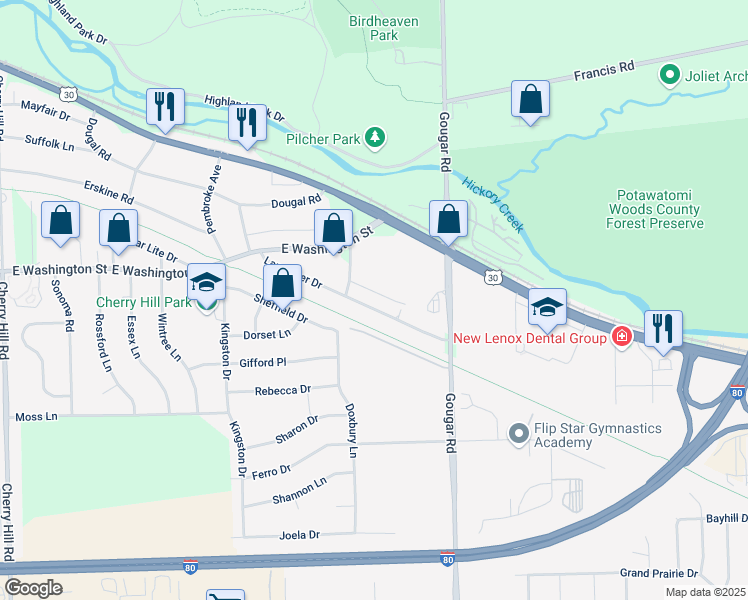 map of restaurants, bars, coffee shops, grocery stores, and more near 2738 Lancaster Drive in Joliet