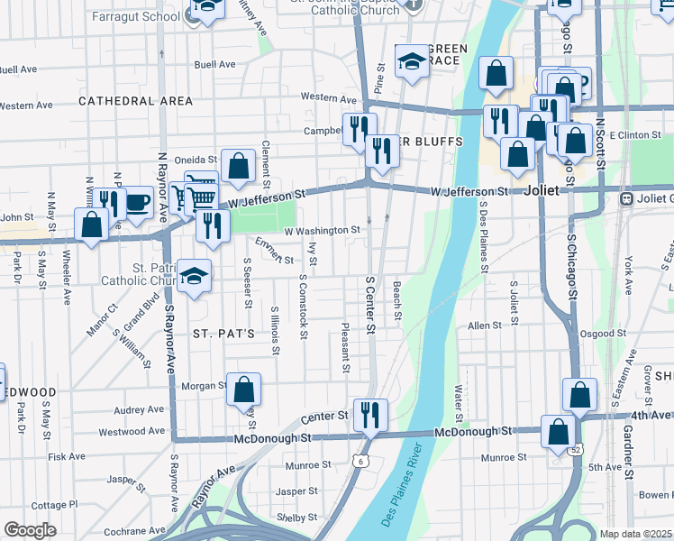 map of restaurants, bars, coffee shops, grocery stores, and more near 108 Pleasant Street in Joliet