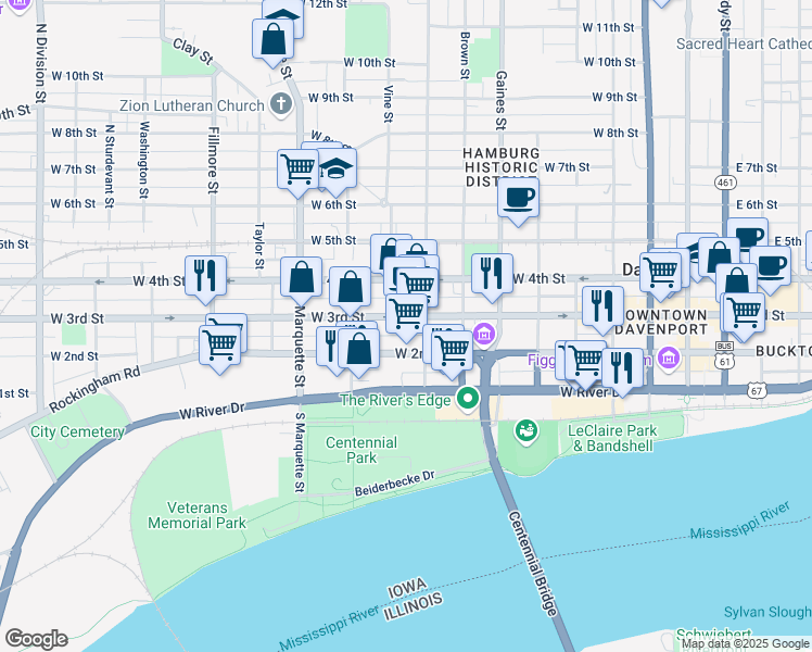 map of restaurants, bars, coffee shops, grocery stores, and more near in Davenport