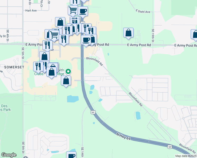 map of restaurants, bars, coffee shops, grocery stores, and more near 6901 Southeast 14th Street in Des Moines