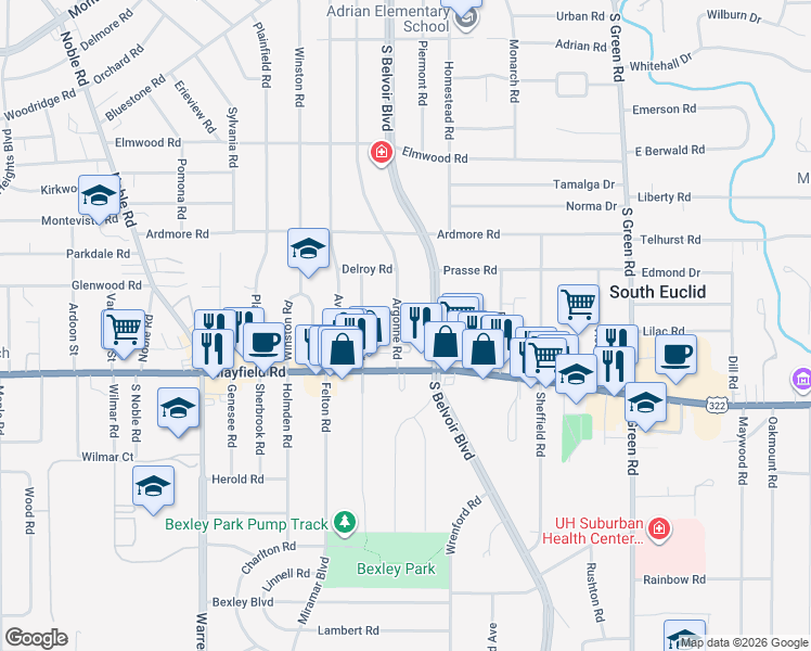 map of restaurants, bars, coffee shops, grocery stores, and more near 1391 Argonne Road in South Euclid