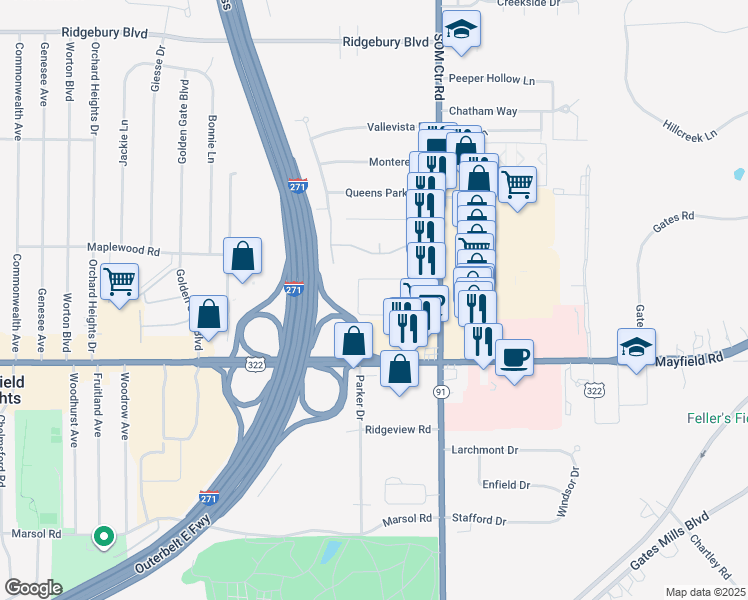 map of restaurants, bars, coffee shops, grocery stores, and more near 1414 SOM Center Road in Mayfield Heights