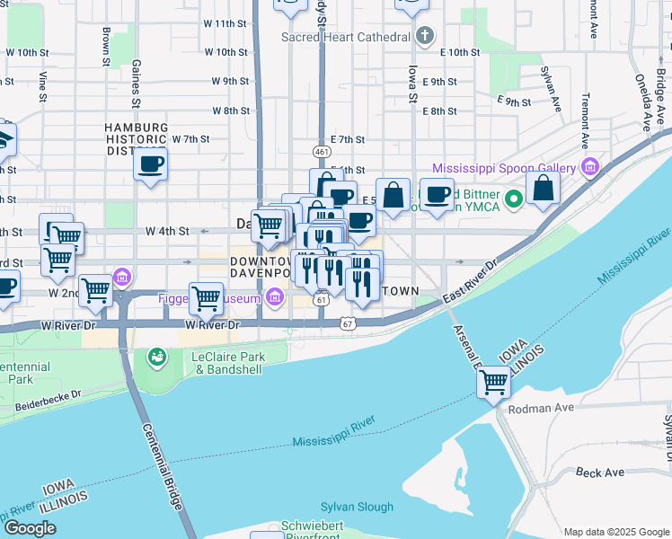map of restaurants, bars, coffee shops, grocery stores, and more near 115 East 3rd Street in Davenport