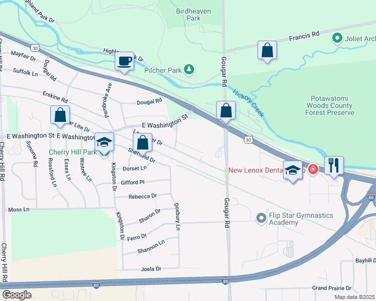 map of restaurants, bars, coffee shops, grocery stores, and more near 2738 Lancaster Drive in Joliet