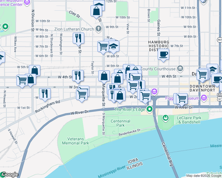 map of restaurants, bars, coffee shops, grocery stores, and more near 1115 West 3rd Street in Davenport
