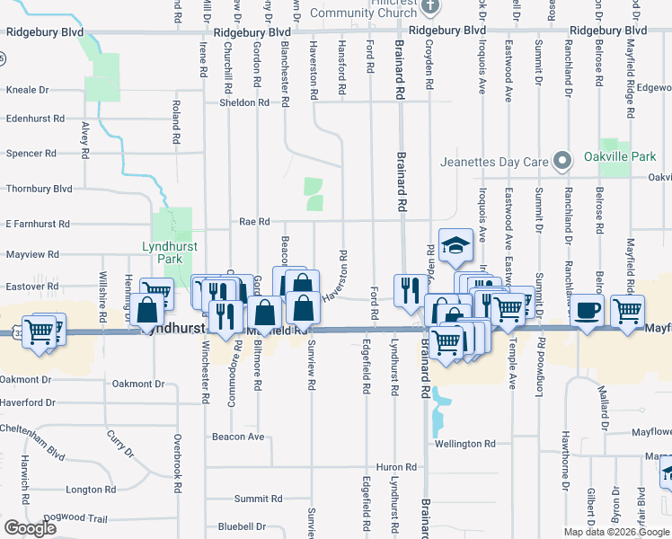 map of restaurants, bars, coffee shops, grocery stores, and more near 1390 Haverston Road in Lyndhurst