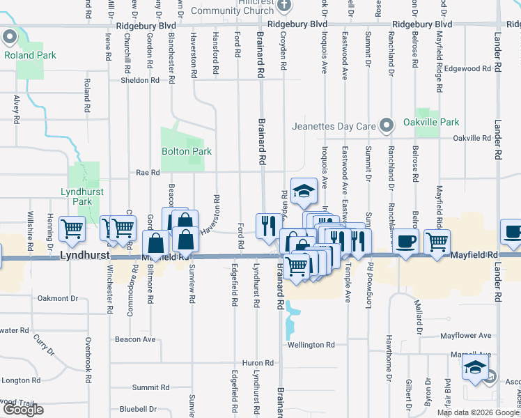 map of restaurants, bars, coffee shops, grocery stores, and more near 5587 Dorset Road in Lyndhurst