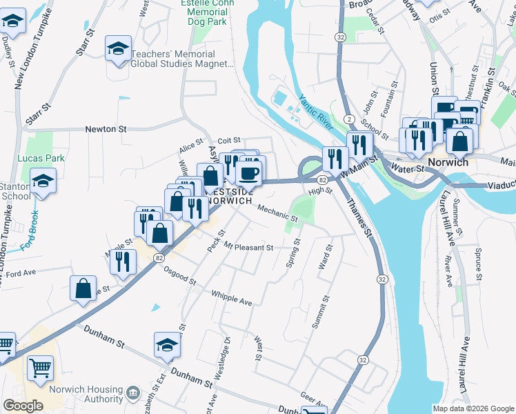 map of restaurants, bars, coffee shops, grocery stores, and more near 11 Mechanic Street in Norwich