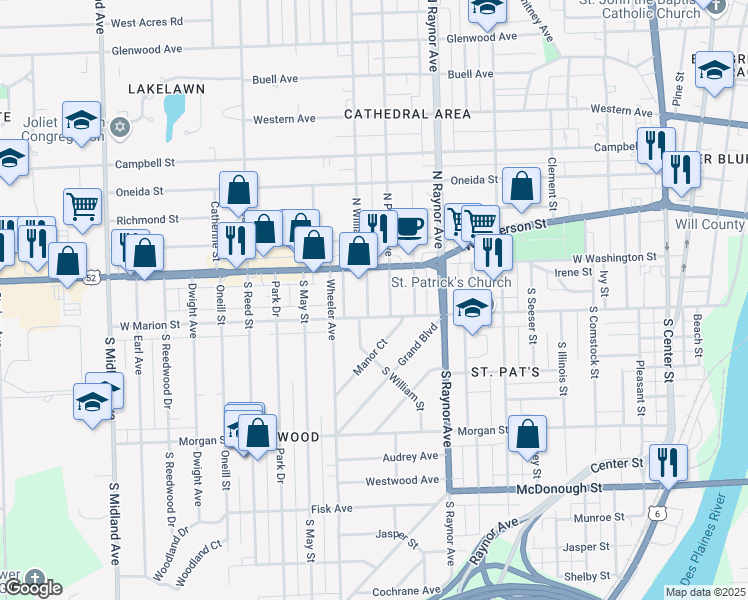 map of restaurants, bars, coffee shops, grocery stores, and more near 16 South William Street in Joliet