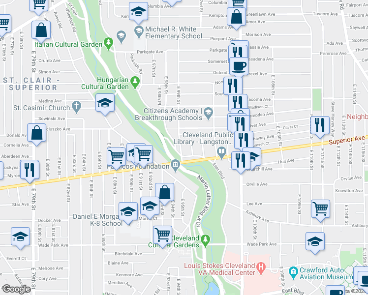 map of restaurants, bars, coffee shops, grocery stores, and more near 1261 East 99th Street in Cleveland
