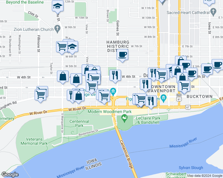 map of restaurants, bars, coffee shops, grocery stores, and more near 717 West 3rd Street in Davenport
