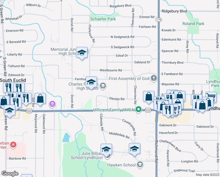 map of restaurants, bars, coffee shops, grocery stores, and more near 4875 Glenlyn Road in Lyndhurst