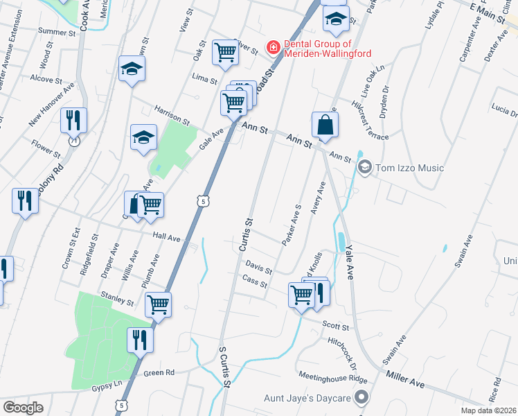 map of restaurants, bars, coffee shops, grocery stores, and more near 6 Brookdale Road in Meriden