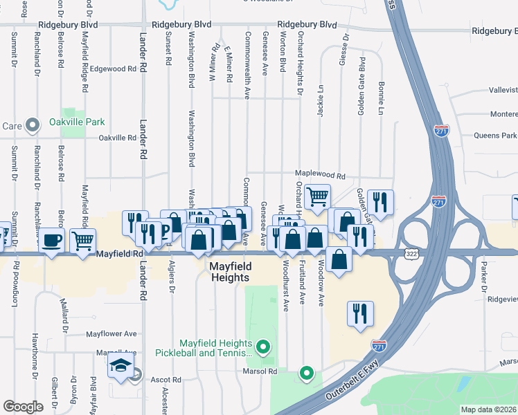 map of restaurants, bars, coffee shops, grocery stores, and more near 1432 Genesee Avenue in Mayfield Heights