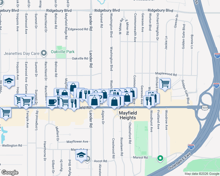 map of restaurants, bars, coffee shops, grocery stores, and more near 1434 Washington Boulevard in Mayfield Heights