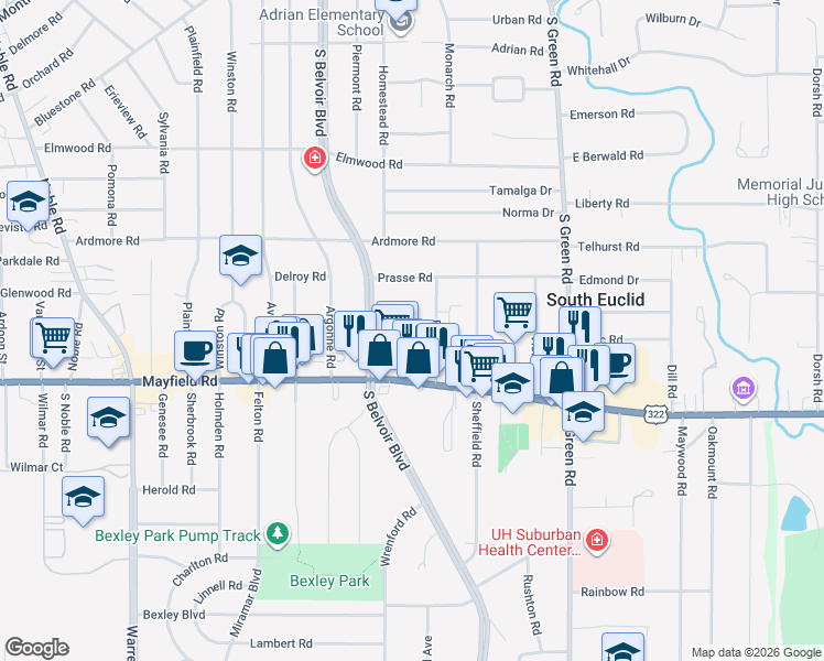 map of restaurants, bars, coffee shops, grocery stores, and more near 1408 Francis Court in South Euclid