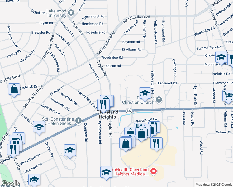 map of restaurants, bars, coffee shops, grocery stores, and more near 2525 North Taylor Road in Cleveland Heights
